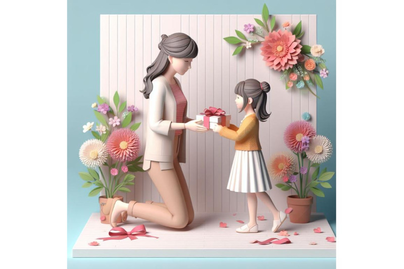 4-little-kid-daughter-giving-mom-receiving-gift-box-and-flowers-bouque