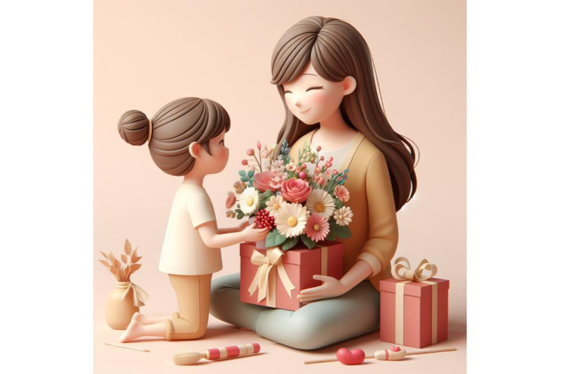 4-little-kid-daughter-giving-mom-receiving-gift-box-and-flowers-bouque