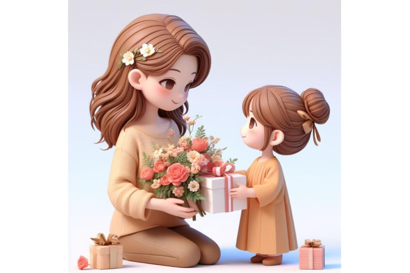 4-little-kid-daughter-giving-mom-receiving-gift-box-and-flowers-bouque