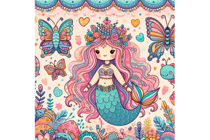 4-colorful-illustration-with-patterned-rear-mermaid-and-butterflies