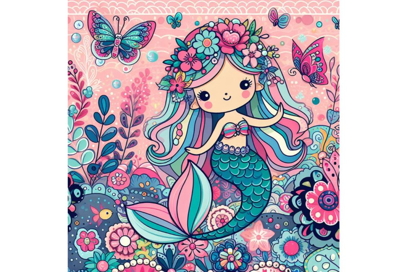 4-colorful-illustration-with-patterned-rear-mermaid-and-butterflies