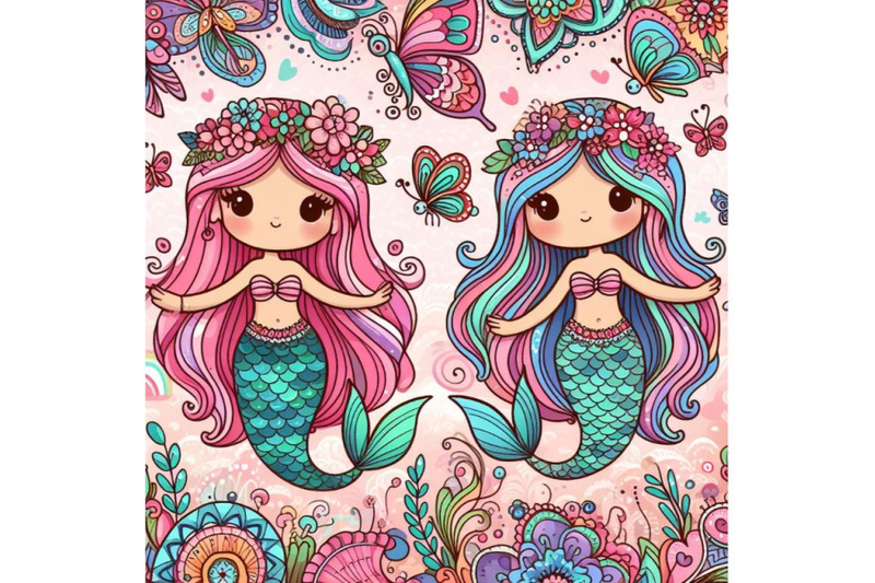 4-colorful-illustration-with-patterned-rear-mermaid-and-butterflies