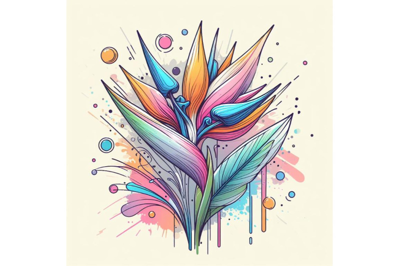 4-abstract-line-art-of-tropical-flower-with-color-splats-strelitzia