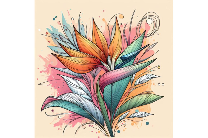 4-abstract-line-art-of-tropical-flower-with-color-splats-strelitzia