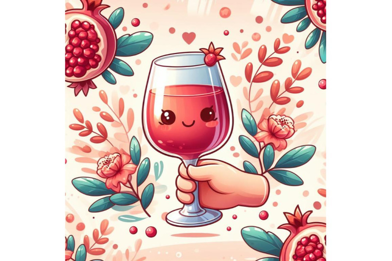 4-glass-of-wine-in-hand-pomegranate-fruit-with-leaves