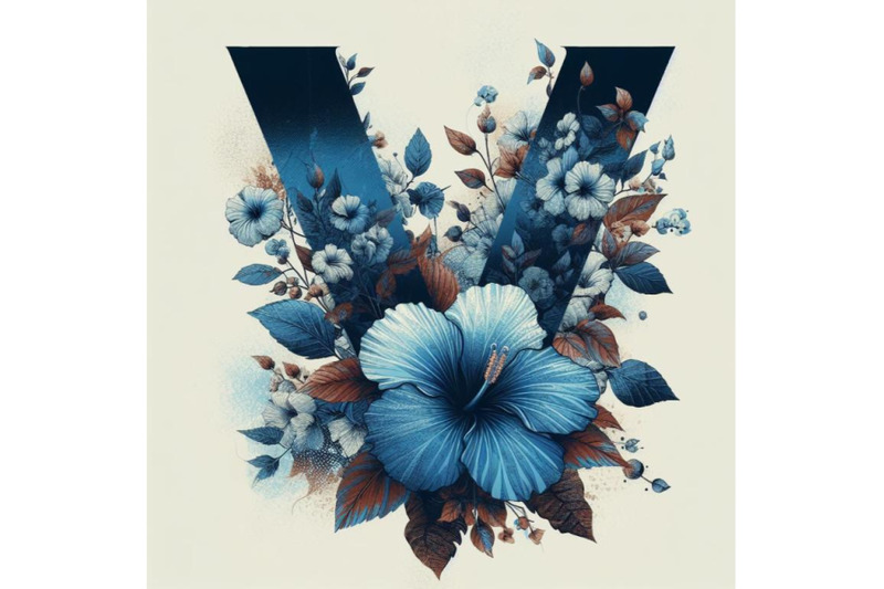 4-blue-hibiscus-grunge-vintage-alphabet-v