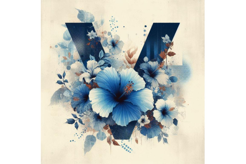 4-blue-hibiscus-grunge-vintage-alphabet-v