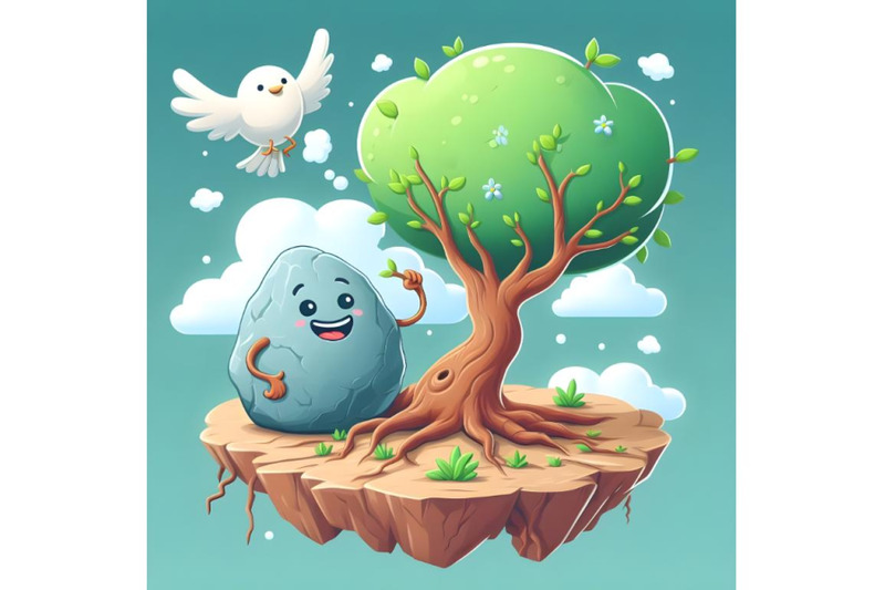 watercolor-happy-tree-character-growing-on-the-flying-rock