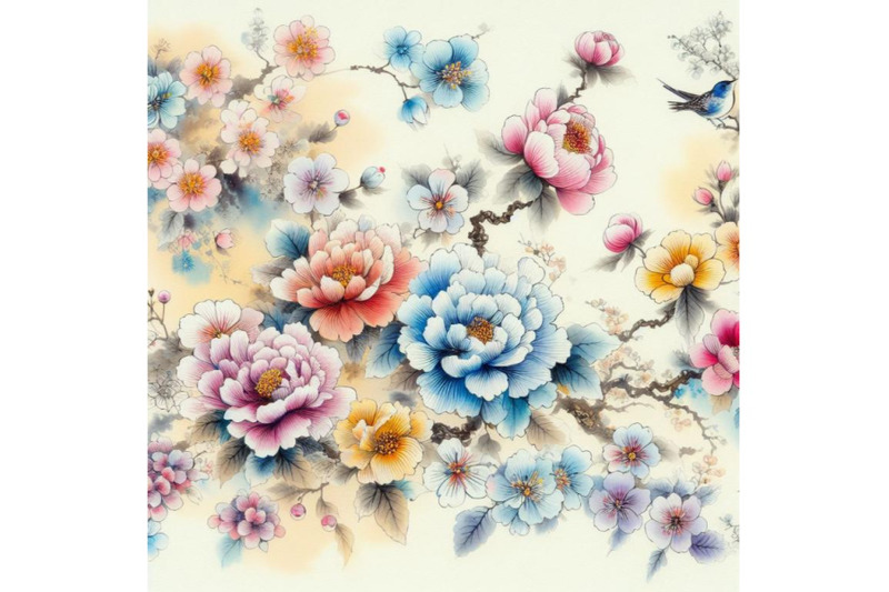 bundle-of-colorful-chinese-painting-traditional-ink-artwork-of-flower