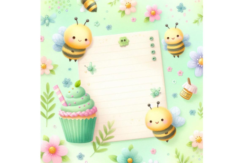 bundle-of-cute-soft-green-note-paper-with-bees-background