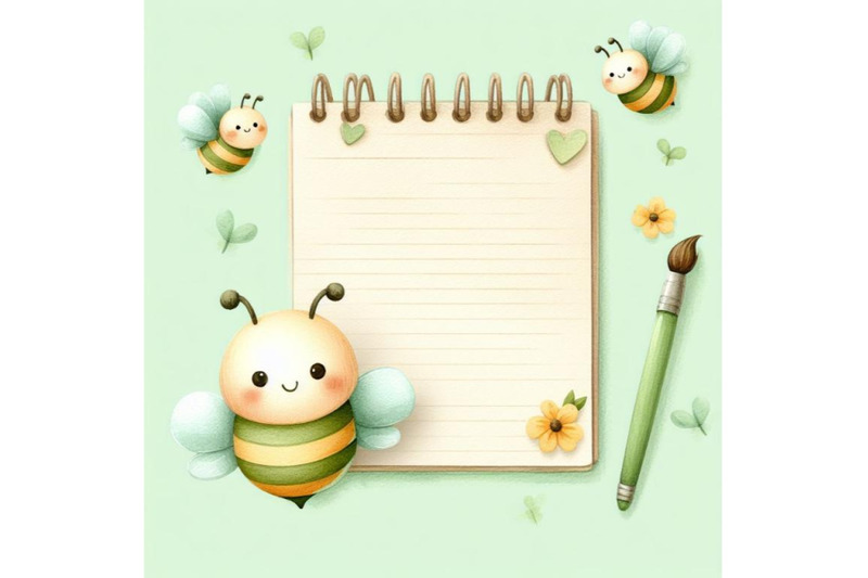 bundle-of-cute-soft-green-note-paper-with-bees-background