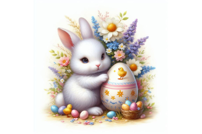 bundle-of-cute-easter-bunny-with-painted-egg-and-flower