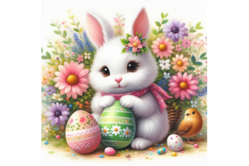 bundle-of-cute-easter-bunny-with-painted-egg-and-flower