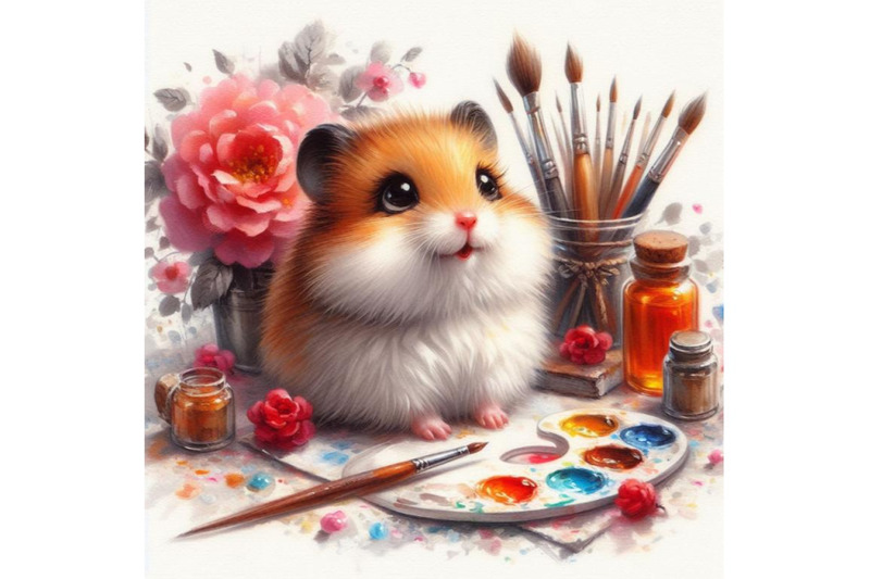 bundle-of-watercolor-cute-hamster-with-painted-flower