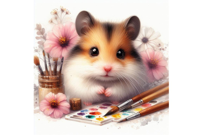 bundle-of-watercolor-cute-hamster-with-painted-flower