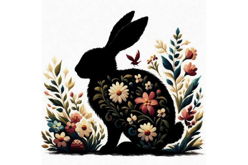 bundle-of-easter-bunny-silhouette-with-flowers-flat-illustration