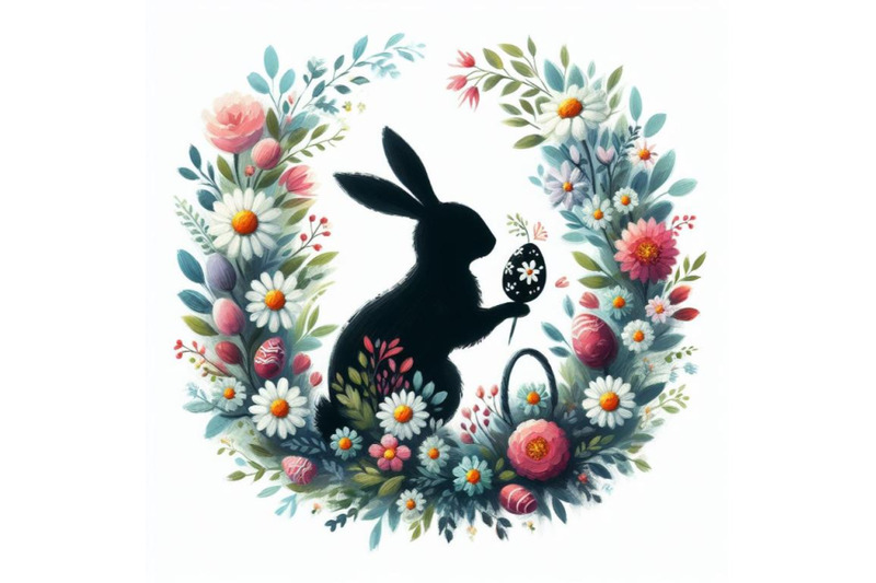 bundle-of-easter-bunny-silhouette-with-flowers-flat-illustration