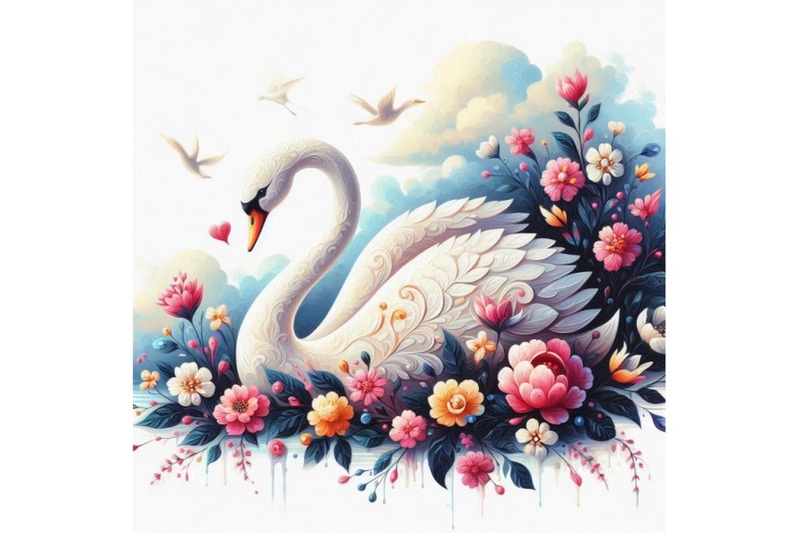 bundle-of-beautiful-swan-silhouette-with-flowers-flat-illustration