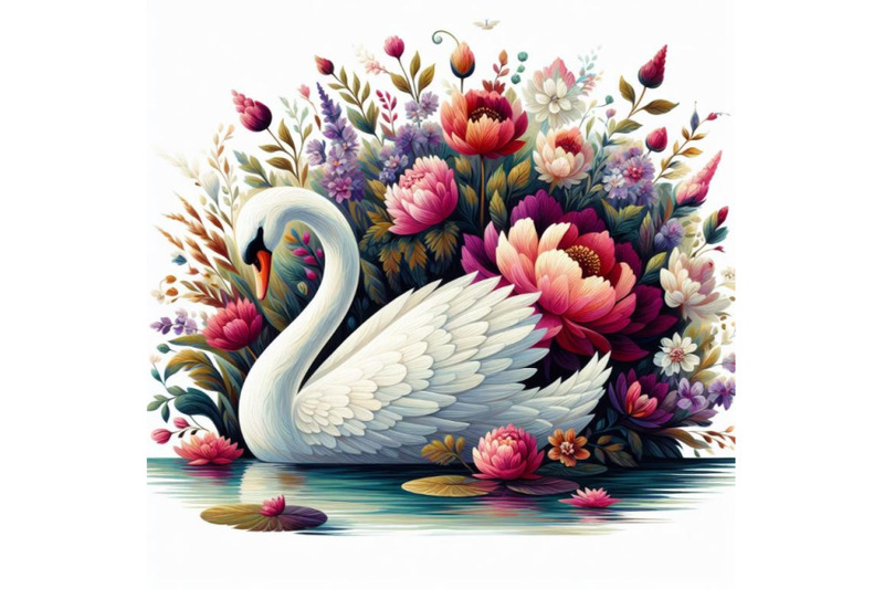 bundle-of-beautiful-swan-silhouette-with-flowers-flat-illustration