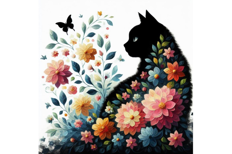 bundle-of-beautiful-black-cat-silhouette-with-flowers-flat-illustrati