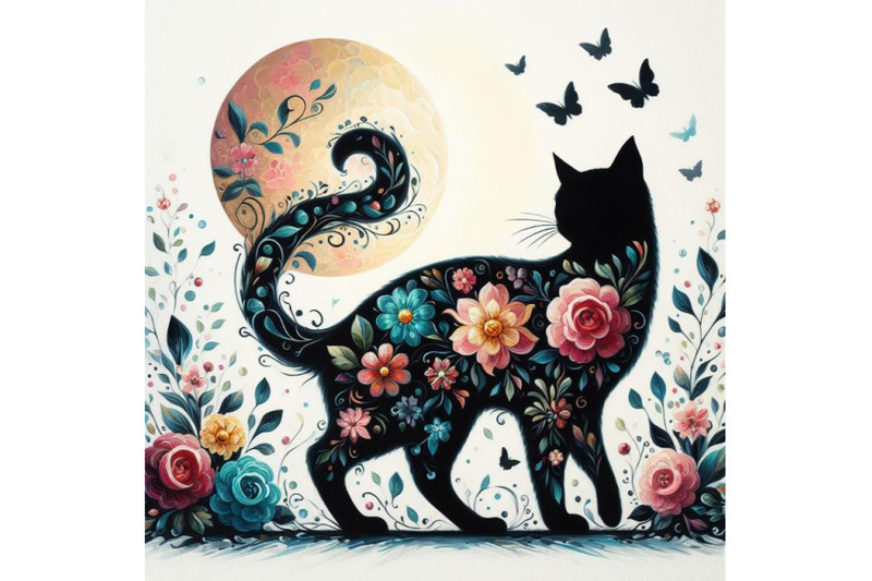 bundle-of-beautiful-black-cat-silhouette-with-flowers-flat-illustrati