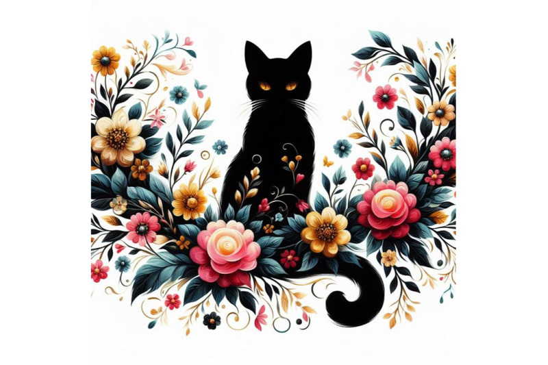 bundle-of-beautiful-black-cat-silhouette-with-flowers-flat-illustrati