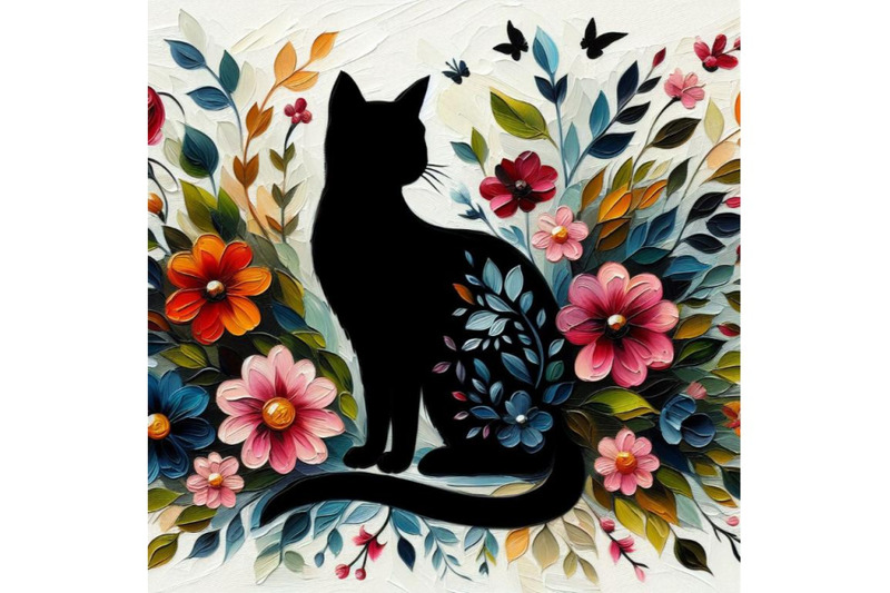 bundle-of-beautiful-black-cat-silhouette-with-flowers-flat-illustrati