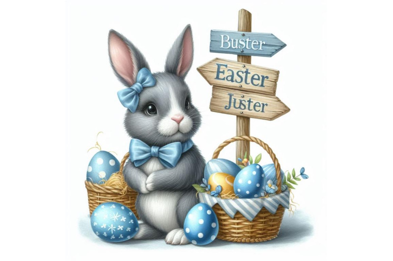 bundle-of-watercolor-easter-bunny-with-signpost-in-gray-and-blue-color