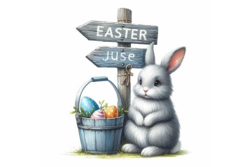 bundle-of-watercolor-easter-bunny-with-signpost-in-gray-and-blue-color