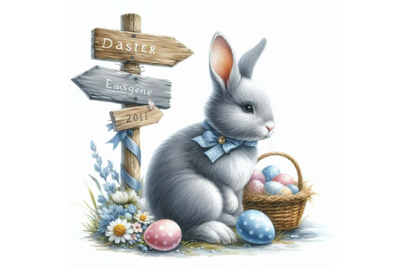 bundle-of-watercolor-easter-bunny-with-signpost-in-gray-and-blue-color