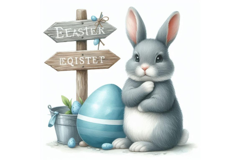 bundle-of-watercolor-easter-bunny-with-signpost-in-gray-and-blue-color