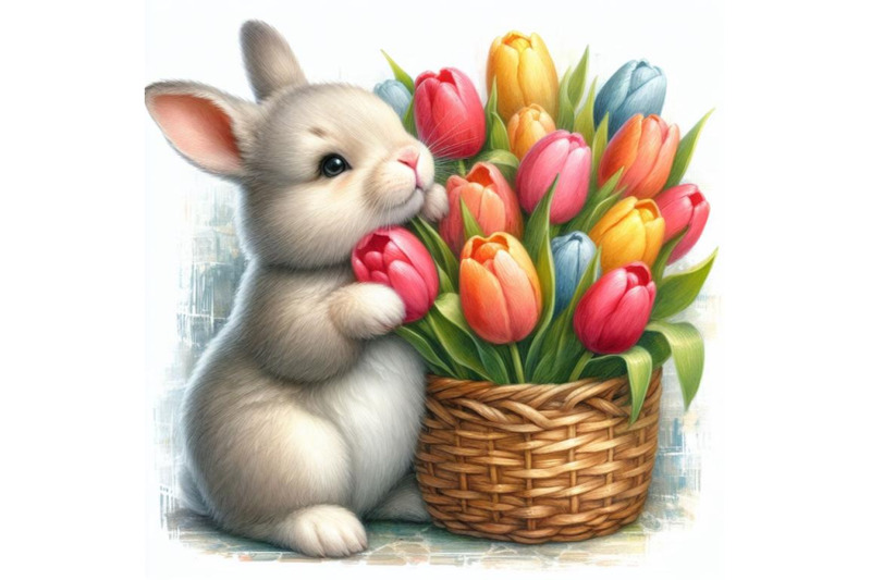 bundle-of-watercolor-easter-bunny-holding-tulips-isolated