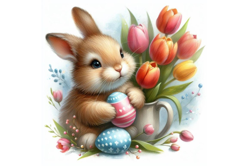 bundle-of-watercolor-easter-bunny-holding-tulips-isolated