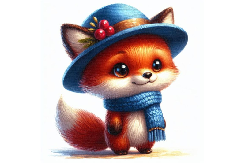 bundle-of-hand-drawn-cute-little-fox-in-blue-hat-cartoon-style