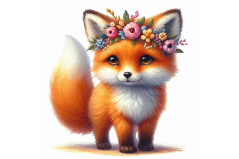 bundle-of-a-cute-orange-fox-with-flowers-on-his-head-standing