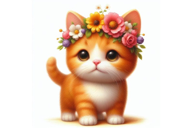 bundle-of-a-cute-orange-cat-with-flowers-on-his-head-standing