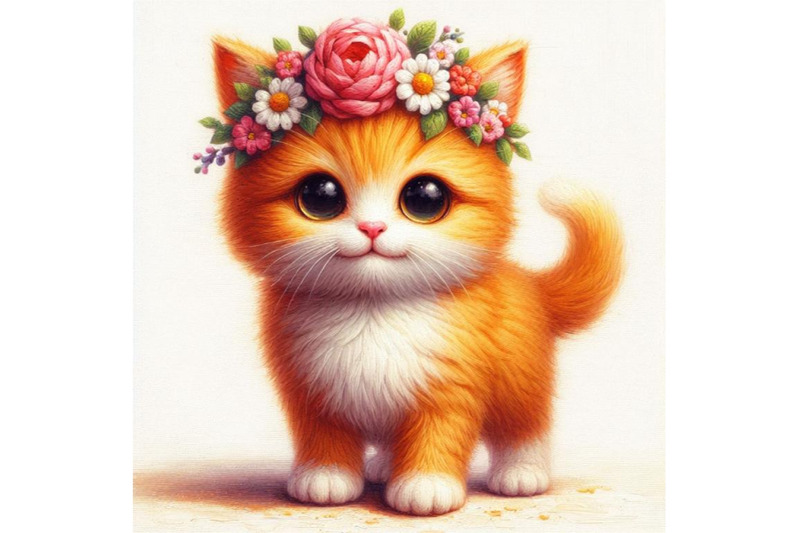 bundle-of-a-cute-orange-cat-with-flowers-on-his-head-standing