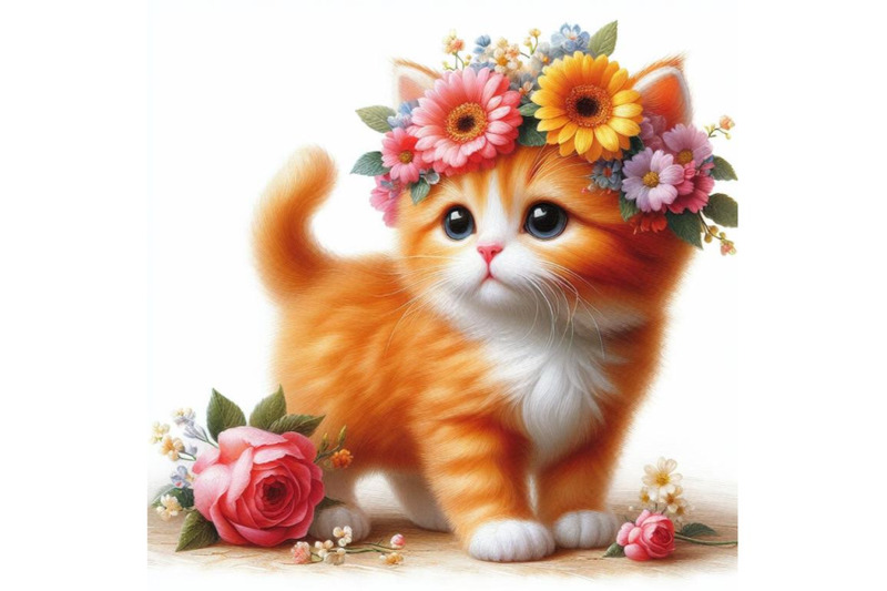 bundle-of-a-cute-orange-cat-with-flowers-on-his-head-standing