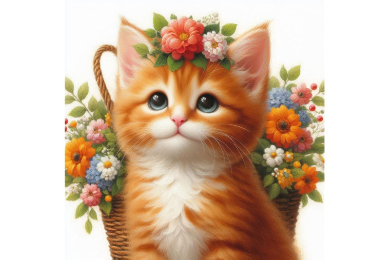 bundle-of-a-cute-orange-cat-with-flowers-on-his-head-standing