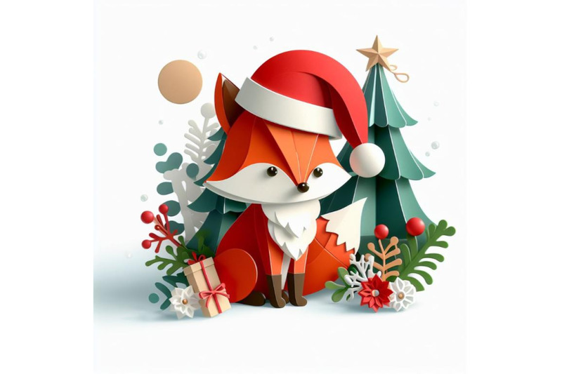 bundle-of-vector-cute-christmas-paper-cut-3d-fox-with-shadow