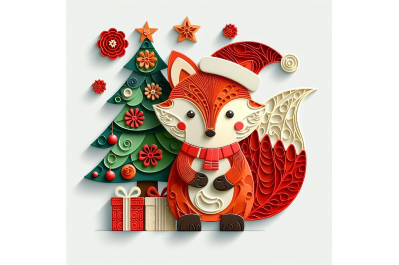 bundle-of-vector-cute-christmas-paper-cut-3d-fox-with-shadow