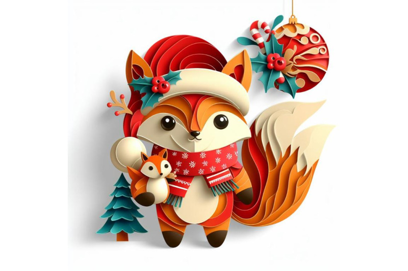 bundle-of-vector-cute-christmas-paper-cut-3d-fox-with-shadow