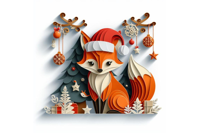 bundle-of-vector-cute-christmas-paper-cut-3d-fox-with-shadow