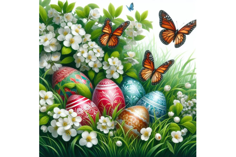 bundle-of-easter-day-eggs-in-green-grass-with-white-flowers-butterflie