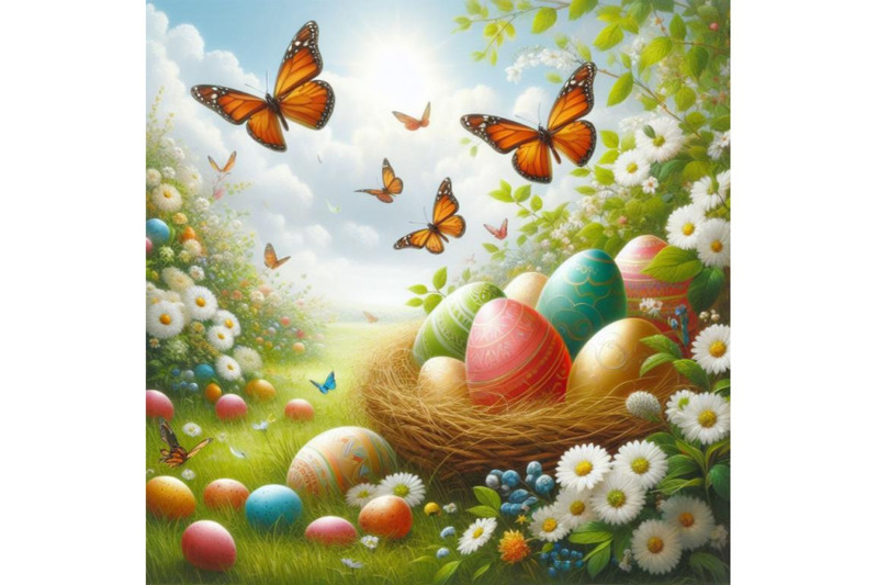 bundle-of-easter-day-eggs-in-green-grass-with-white-flowers-butterflie