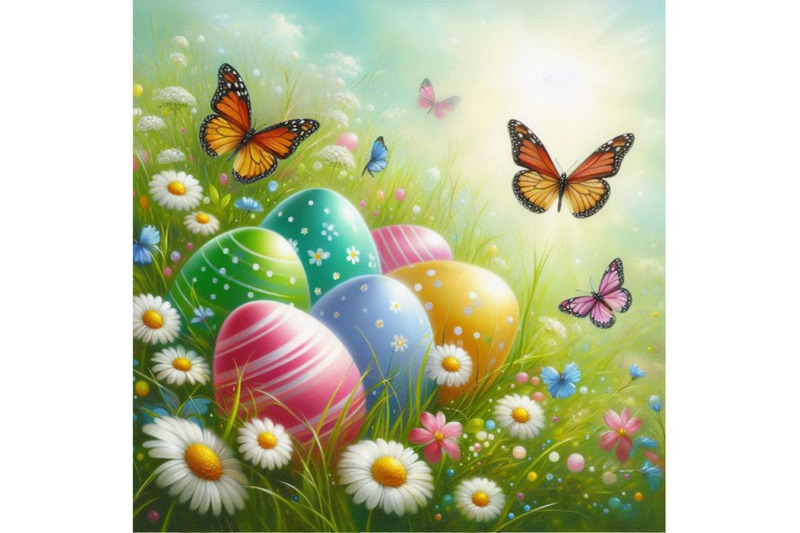 bundle-of-easter-day-eggs-in-green-grass-with-white-flowers-butterflie