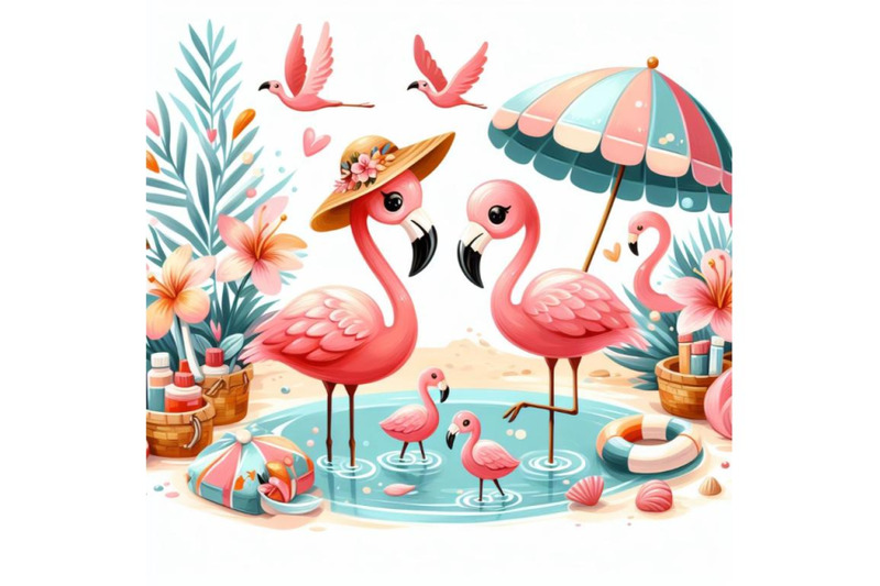 bundle-of-cartoon-flat-cute-flamingo-birds-summer-art-print