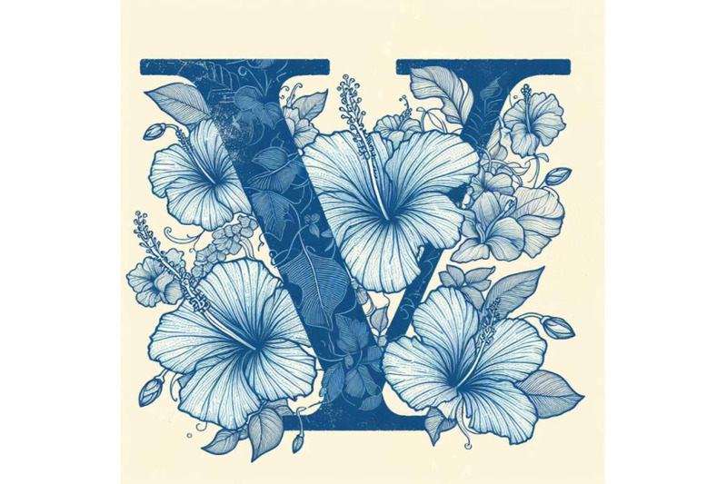 a-bundle-of-blue-hibiscus-grunge-vintage-alphabet-v