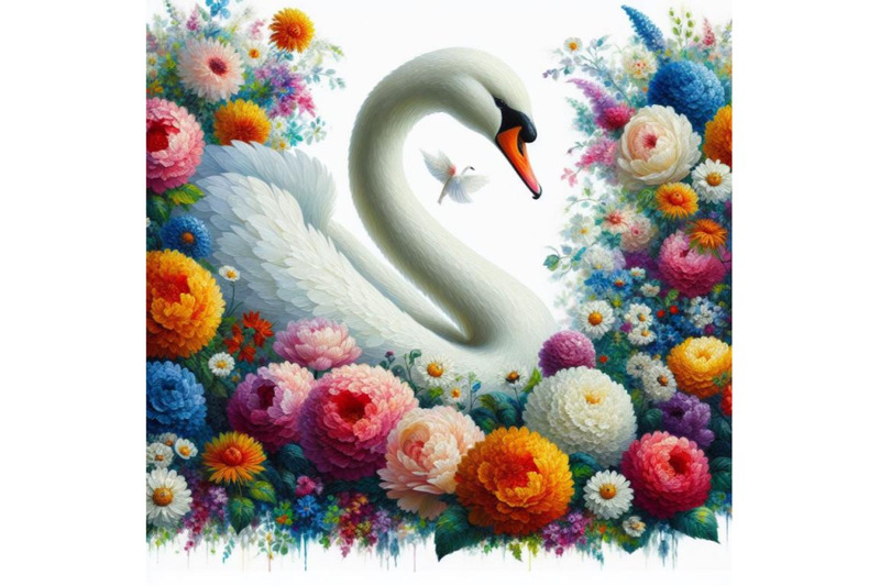 bundle-of-digital-art-of-an-elegant-white-swan-in-vibrant-array-of-flo