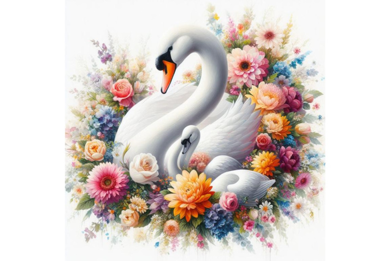 bundle-of-digital-art-of-an-elegant-white-swan-in-vibrant-array-of-flo